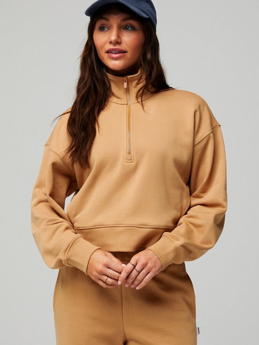Fabletics Half Zip Sweatshirt Medium Cropped Terry Pullover Tan Athleisure